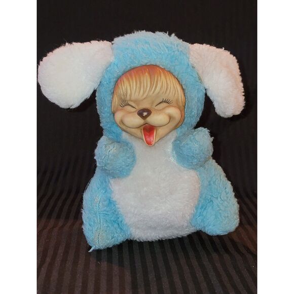 *Rare* RUSHTON Vtg Musical Rubber Face Dog w Laughing Face "works" Blue White - Picture 1 of 6